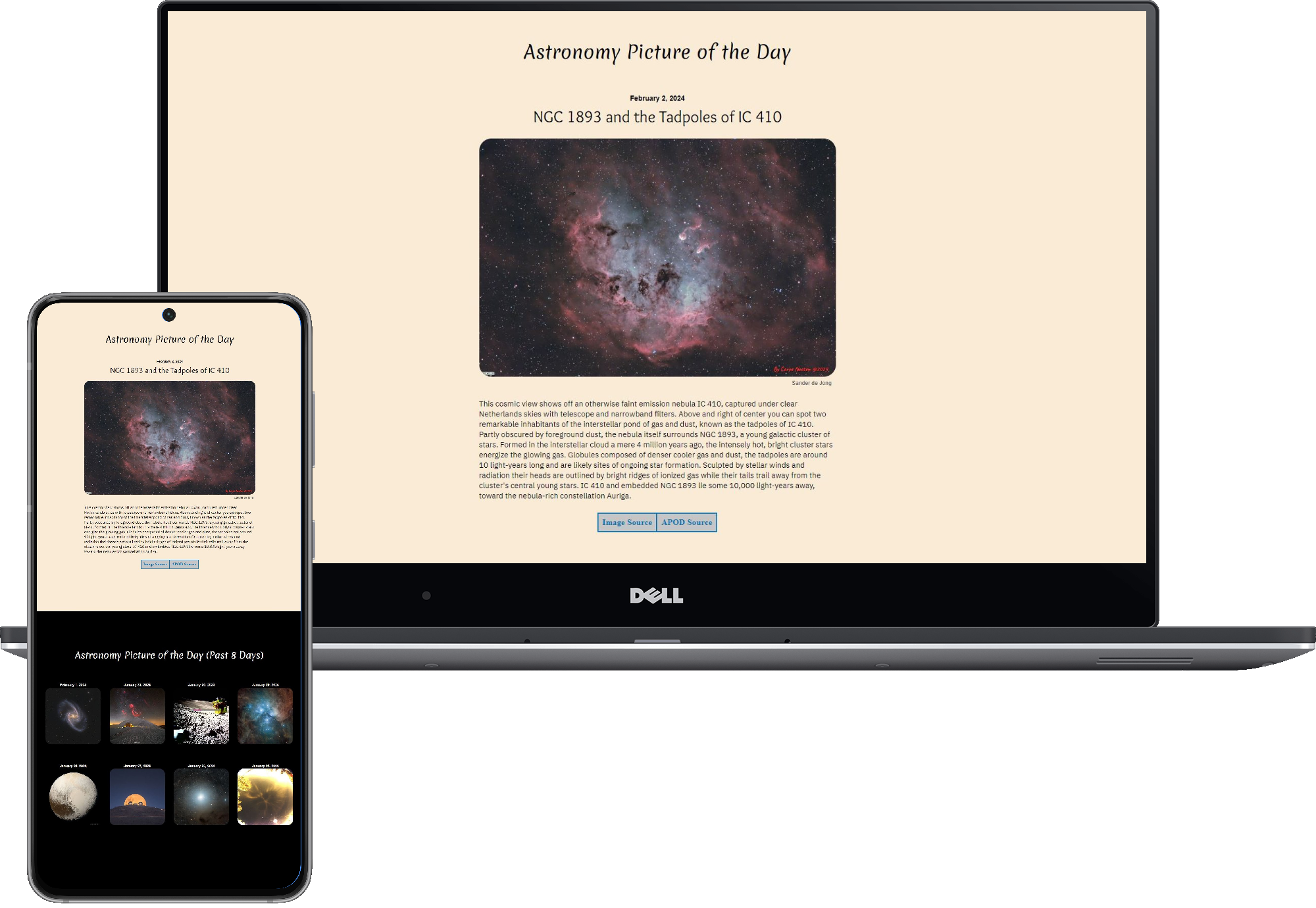 Portfolio image of NASA APOD (Astronomy Picture of the Day) API project shown on a mobile device and PC computer.